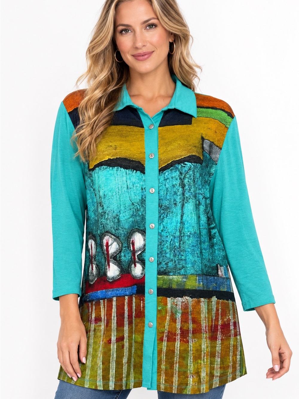 Dolcezza Simply Art Top Size S Long Sleeve Abstract Patchwork Knit Blouse Art